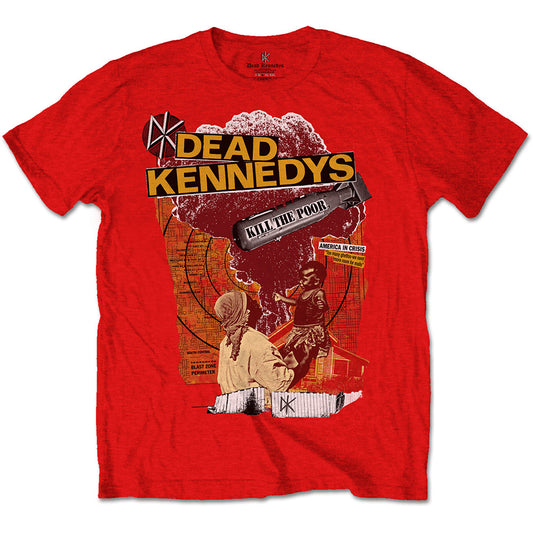 A red T-shirt featuring the Dead Kennedys 'Kill The Poor' design motif. The print on the T-shirt is orange, black and white.