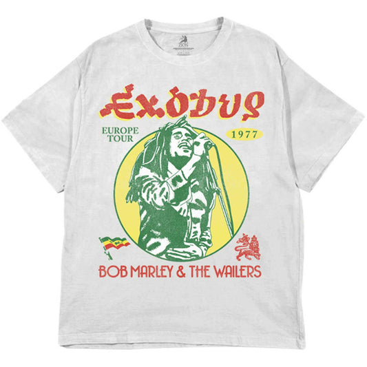 A grey T-shirt Bob Marley Unisex T-Shirt featuring the Bob Marley '1977 Tour' design motif. The print on the t-shirt is red, green and yellow. 