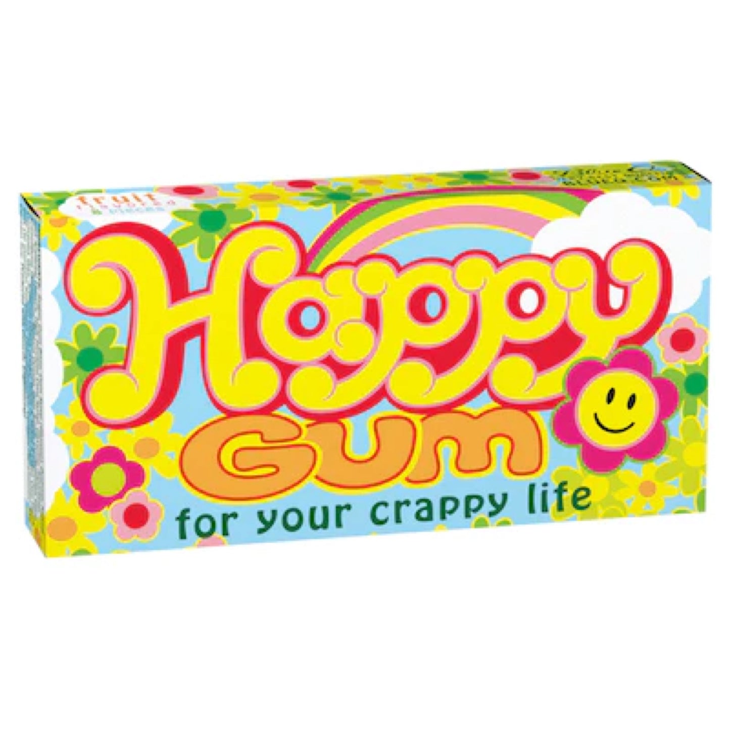 Blue Q box of gum that reads: Happy gum for your crappy life. On the box there is a rainbow and colourful flowers