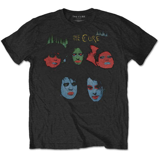 A black T-shirt featuring The Cure  'In Between Days' design motif. The print on the T-shirt is blue, red, green and yellow 