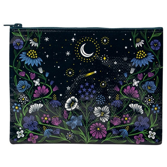 A Blue Q zipper pouch with purple, blue and green flowers around and white and yellow stars and a moon on the top