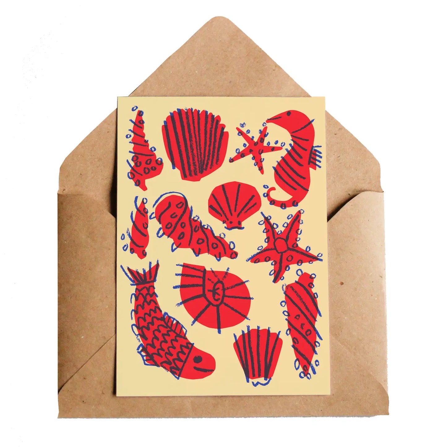 A yellow card with red drawing of a fish, seahorse and sea shells on the front