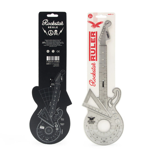 A clear guitar shaped ruler on a white card that reads:  Rockstar ruler. The ruler is at the neck of the guitar and also features a protractor and set square at the other end.