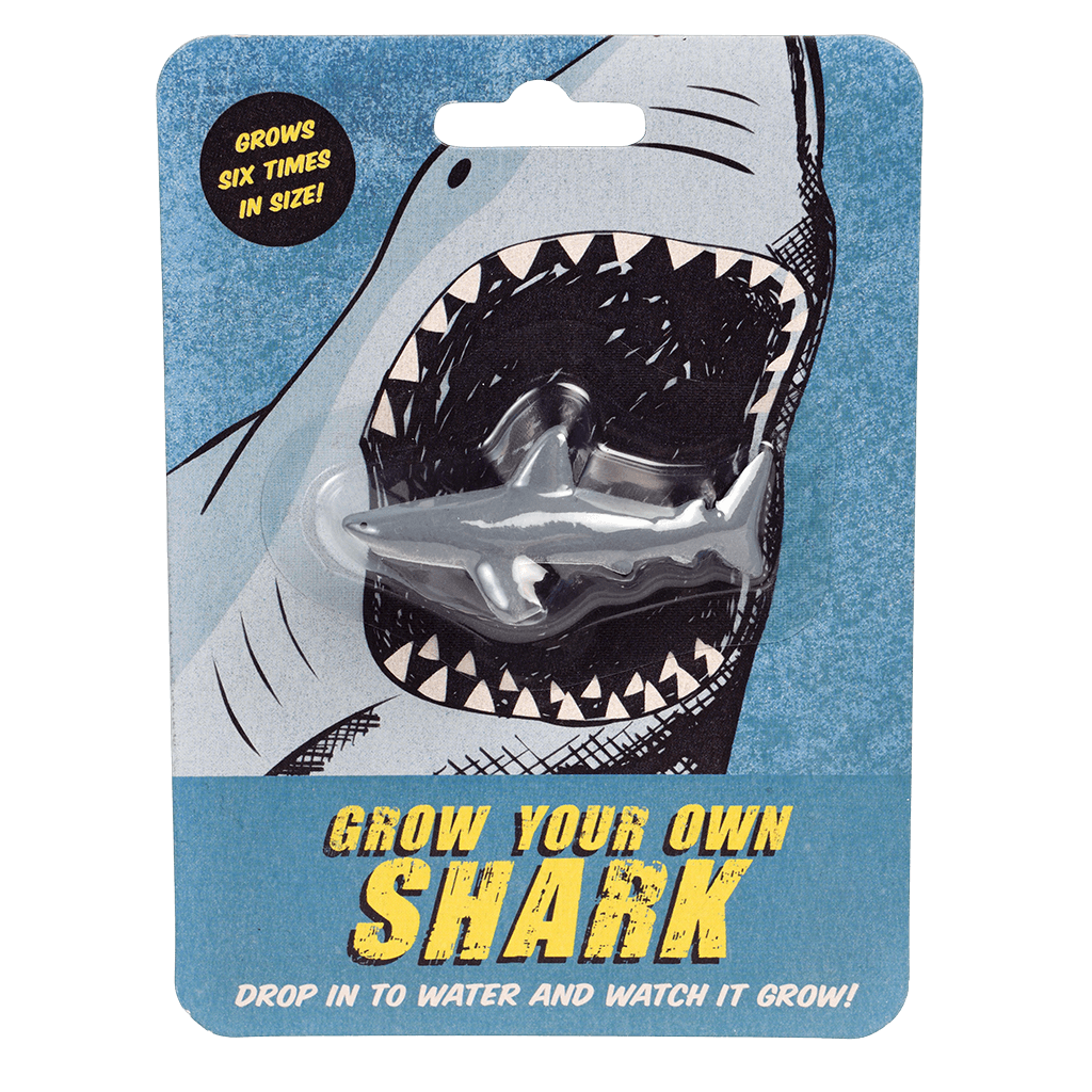 A small toy shark encases in a blue cardboard packaging with a picture of a shark on. The text on the packaging reads: Grow your own shark - Grows six times in size! - drop in water and watch it grow!