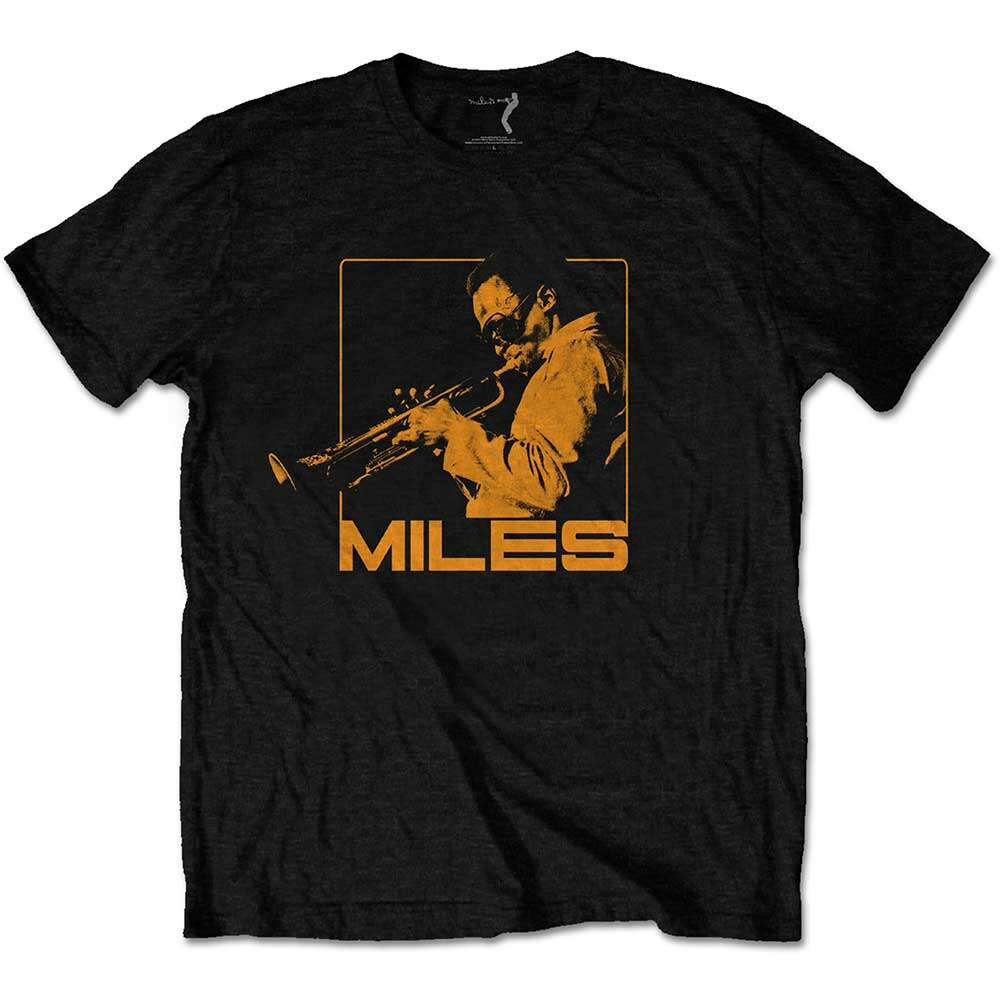 A black T-shirt featuring the Miles Davis 'Blowin'' design motif. The print on the t-shirt is yellow.