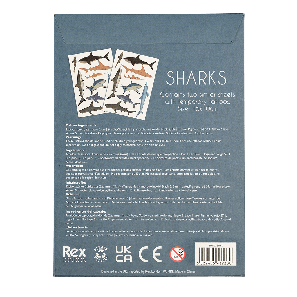 the back of the packaging for the shark temporary tattoos