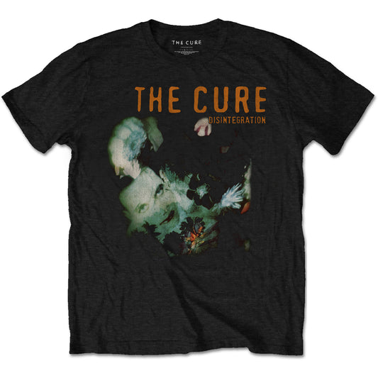 A black T-shirt featuring The Cure 'Disintegration' design motif. The print on the T-shirt is green and orange.
