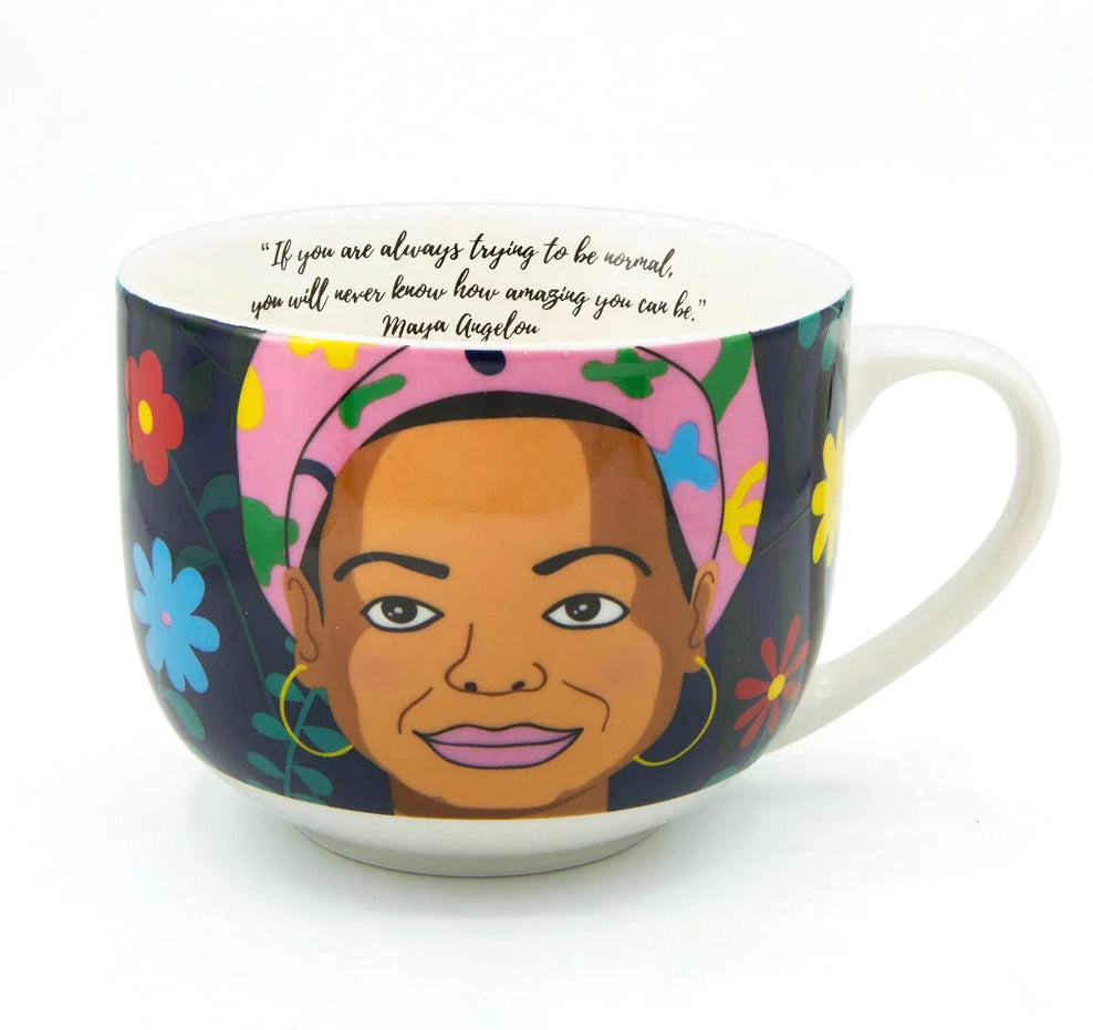 A white mug with a cartoon picture of Maya Angelou on the front with yellow blue and red flowers around her. There is A quote inside the mug that reads: ' If you are always trying to be normal, you will never know how amazing you can be. Maya Angelou'