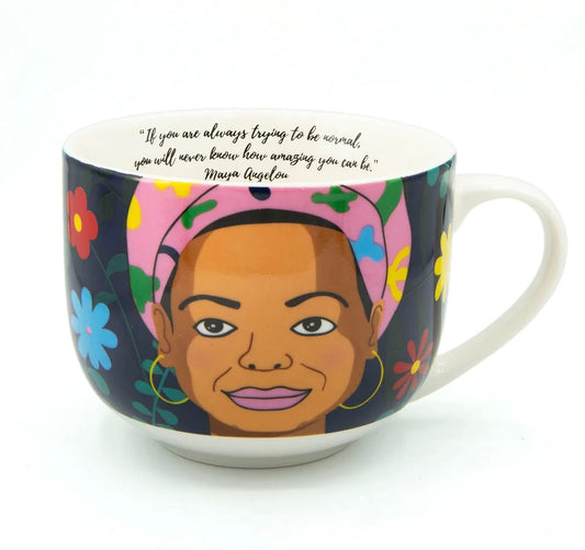 A white mug with a cartoon picture of Maya Angelou on the front with yellow blue and red flowers around her. There is A quote inside the mug that reads: ' If you are always trying to be normal, you will never know how amazing you can be. Maya Angelou' 