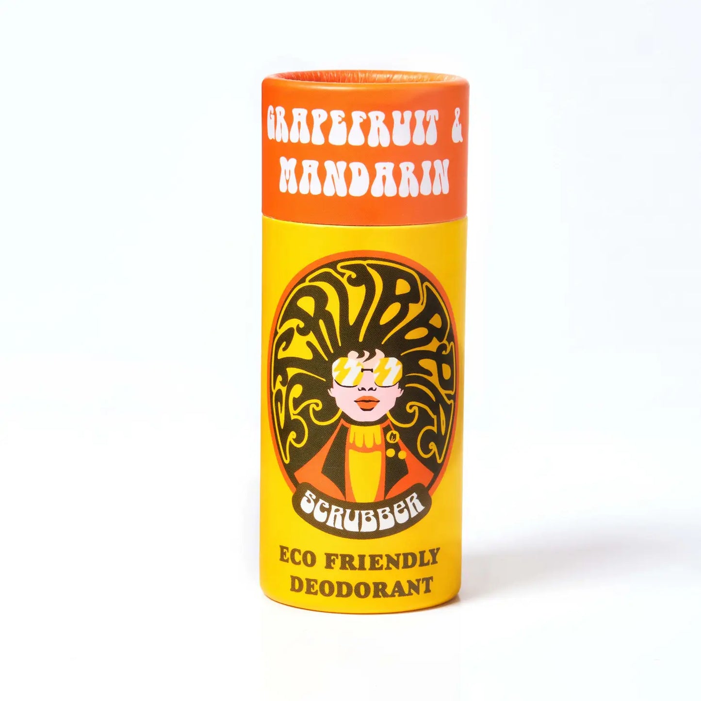 A Orange and yellow cardboard tube containing eco friendly deodorant. In the middle is an image of a woman wearing sunglasses and her hair forms the word 'scrubber' The text on the tube reads: 'Grapefruit & mandarin - scrubber - eco friendly deodorant'
