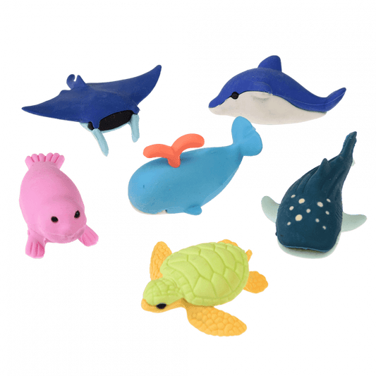 6 different erasers shaped like a pink seal, blue stingray, dolphin, whale, shark and a green and yellow turtle.