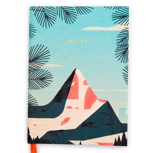 A A5 notebook with a drawing of a mountain in the middle that is red and white with a shaded side and blue skys, There are also birds and leaves around the boarder of the cover and in the middle it reads: 'notes' in gold 