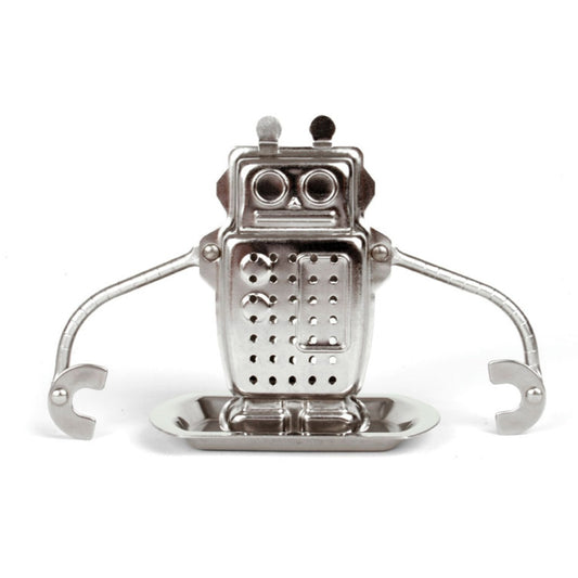A silver metal robot stood on a little tray. the robots arms are long so they can hang onto each side of the cup and body opens up with 2 little clips at the top to put your tea in. 
