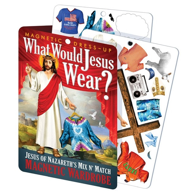 A red magnetic play set with Jesus on the front. In the background there are 2 sheets of magnets to dress him up with including a cross, a lamb, a sterio, a JC hat and a t-shirt with 'God, Guns and Guts' written on the front