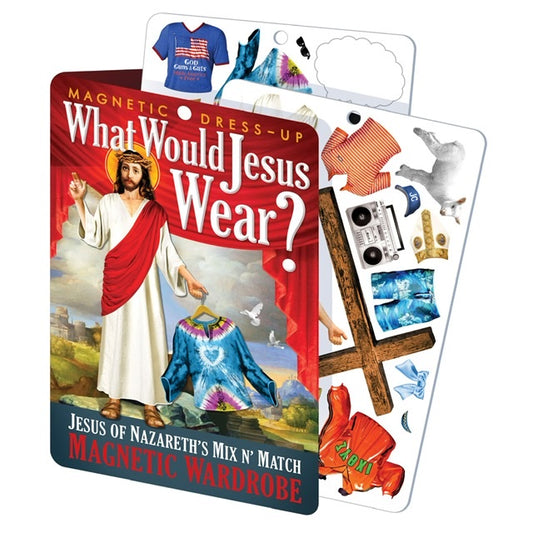 A red magnetic play set with Jesus on the front. In the background there are 2 sheets of magnets to dress him up with including a cross, a lamb, a sterio, a JC hat and a t-shirt with 'God, Guns and Guts'  written on the front 