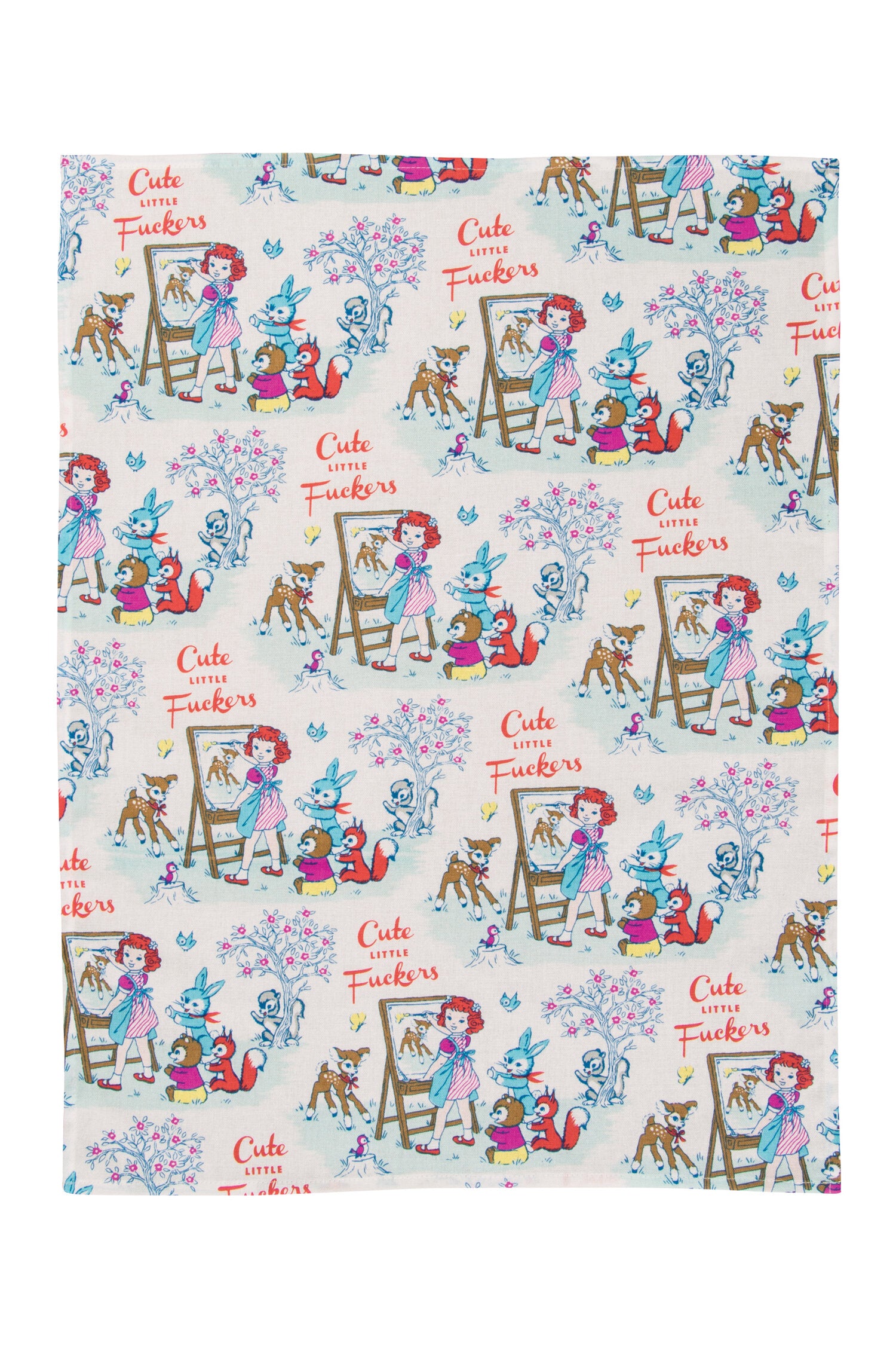 A Blue Q tea towel with a girl in an apron painting a picture of the deer with text that reads: 'Cute little fuckers'