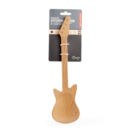 A wooden kitchen sppon in the shape of an electric guitar on a cardboard backing that reads: 'Rockin' Kitchen spoon'