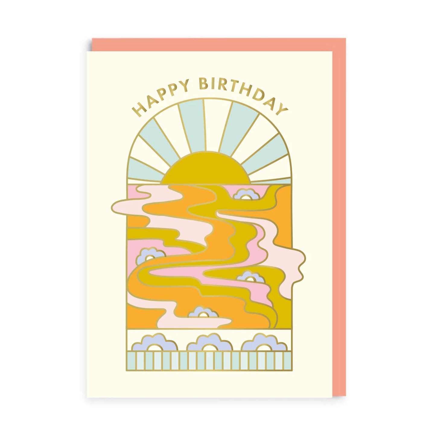 A white card with a lovely print of the sun rising through a window with some flowers underneath. The card is done in orange, blue, pink and yellow pastel colours.