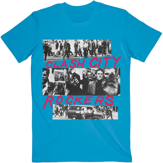 A blue T-shirt featuring the 'City Rockers' design motif. The print on the t-shirt is red, black and white. 