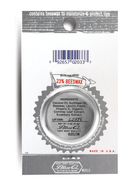 The back of the packaging for Blue Q lip shit sweet tea raspberry, showing the ingredients of the product