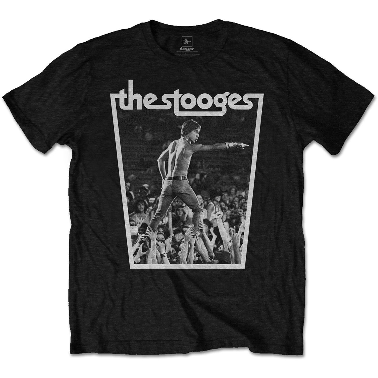 A black T-shirt featuring Iggy & The Stooges 'Crowd walk' design motif. The print on the T-shirt is in white.