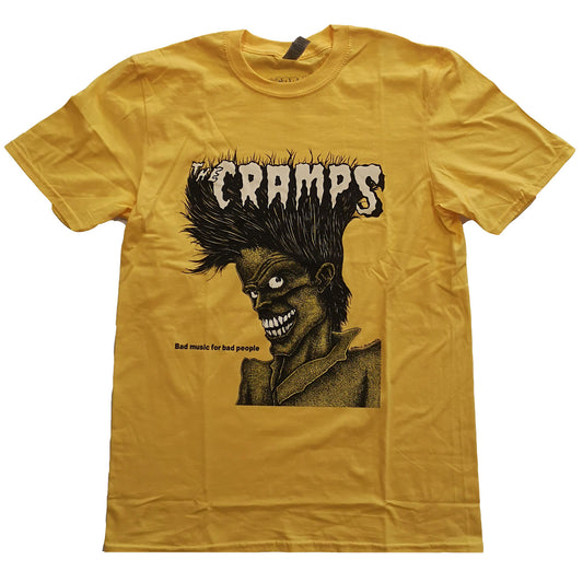 A yellow T-shirt featuring the 'Bad Music' design motif. The print on the T-shirt is black and white.