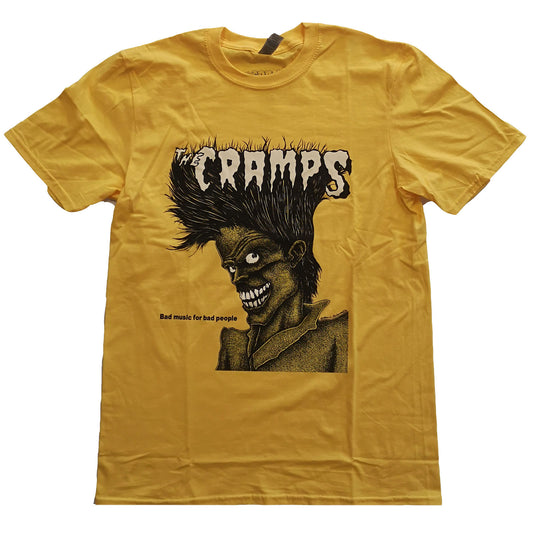 A yellow T-shirt featuring the 'Bad Music' design motif. The print on the T-shirt is black and white. 