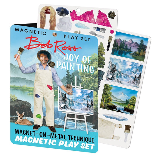 Bob Ross magnetic play set. There are 2 sheets of magnets in the background of things to dress him up with and hold 
