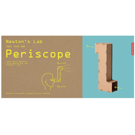 A cardboard box with a picture of a periscope on the front and a diagram of how to use it. The text on the box reads: Newtons lab make your own periscope discover the world of physics whilst playing 