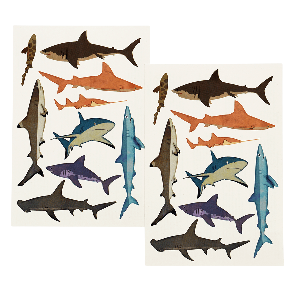 2 sheets of temporary shark tattoos with 9 different sharks on each.