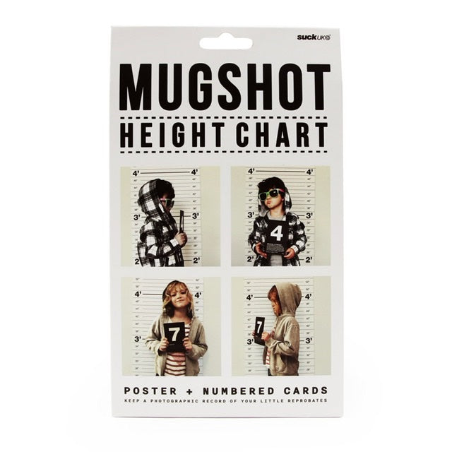 Cardboard box containing a height chart. On the front are 4 pictures of people using the height chart. The text on the box reads: 'Mugshot height chart - Poster + Numbered cards'