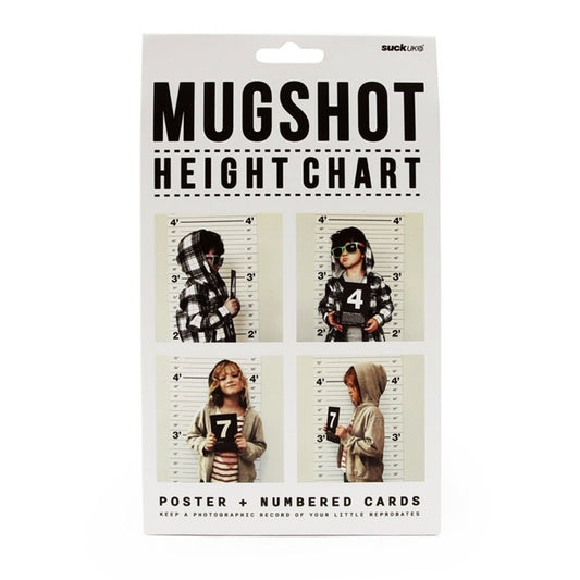 Cardboard box containing a height chart. On the front are 4 pictures of people using the height chart. The text on the box reads: 'Mugshot height chart - Poster + Numbered cards' 
