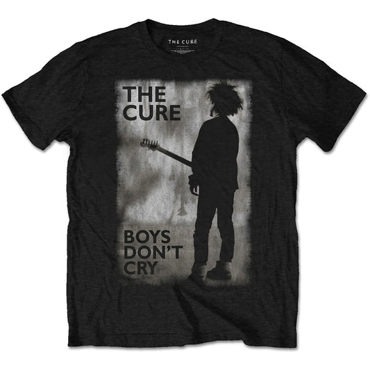 A black T-shirt  featuring The Cure 'Boys Don't Cry Black & White' design motif. 