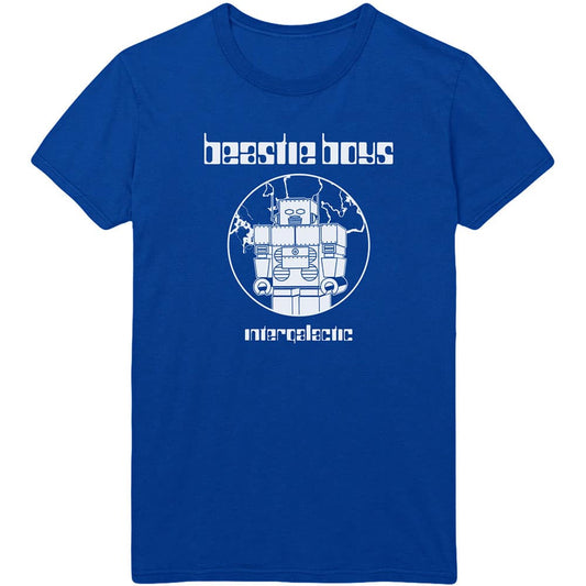 A blue T-shirt featuring the Beastie Boys 'Intergalactic' design motif. The print on the t-shirt is white. 