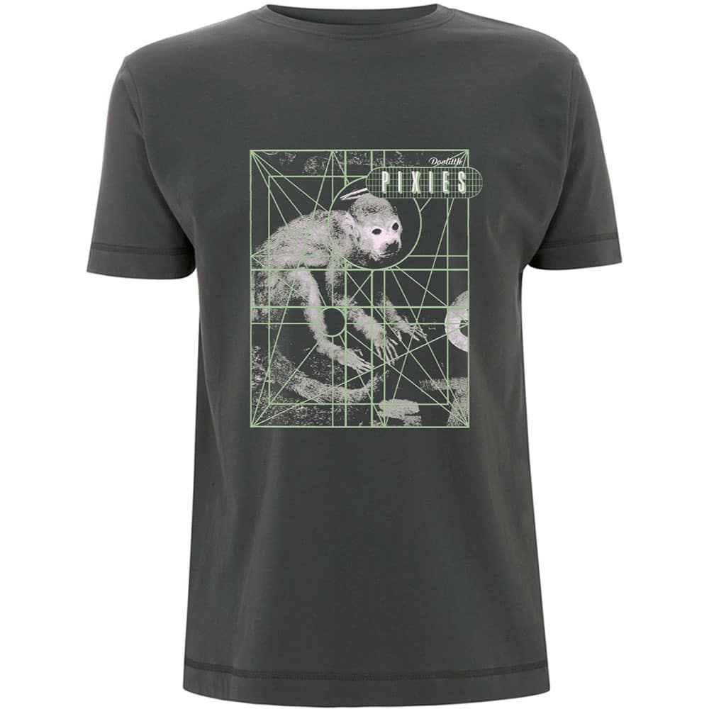 A grey T-shirt featuring the Pixies 'Monkey Grid' design motif.  The print on the t-shirt is green and white.