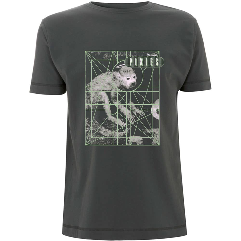 A grey T-shirt featuring the Pixies 'Monkey Grid' design motif.  The print on the t-shirt is green and white. 