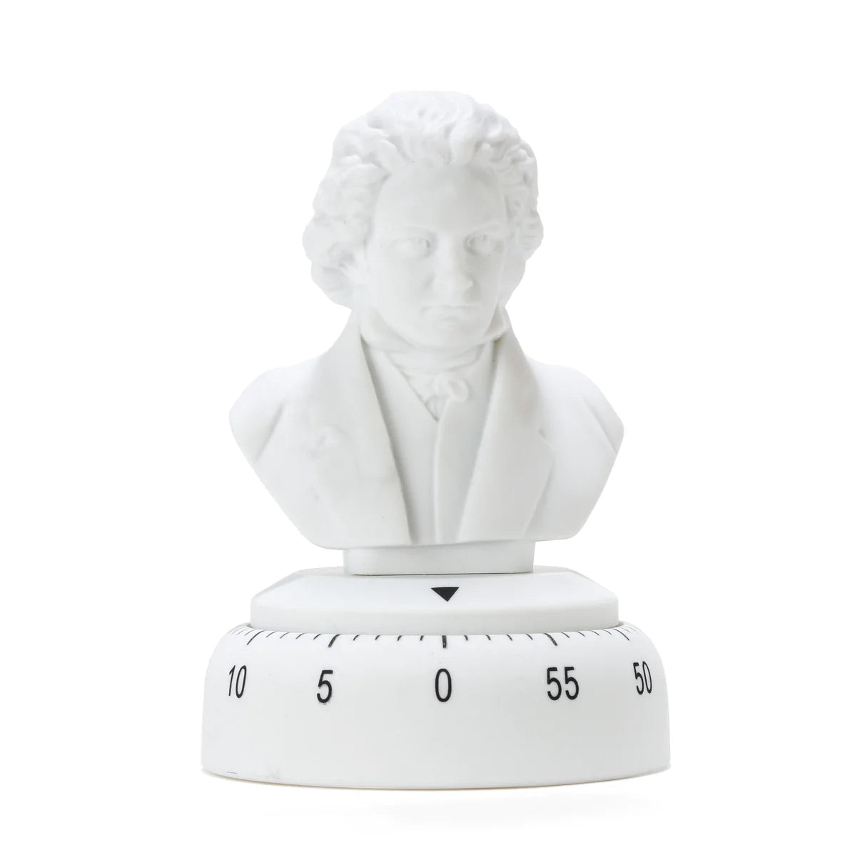A white egg timer with a statue of Beethoven's head on the top and numbers round the bottom that go up in multiples of 5 to 60 mins