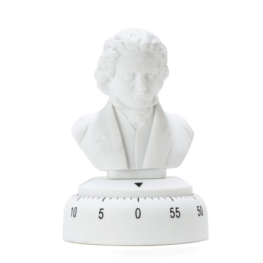 A white egg timer with a statue of Beethoven's head on the top and numbers round the bottom that go up in multiples of 5 to 60 mins