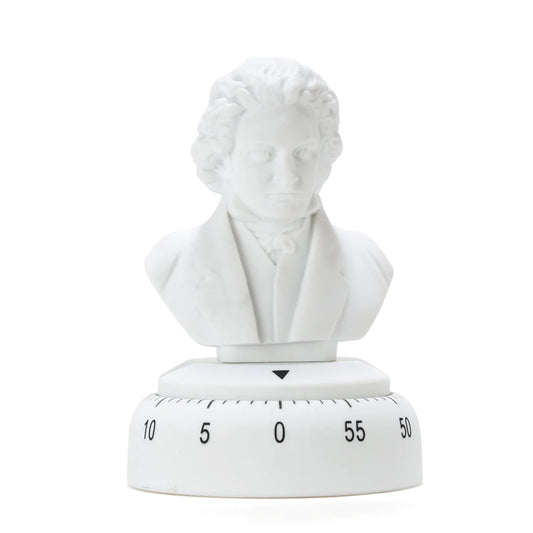 A white egg timer with a statue of Beethoven's head on the top and numbers round the bottom that go up in multiples of 5 to 60 mins 