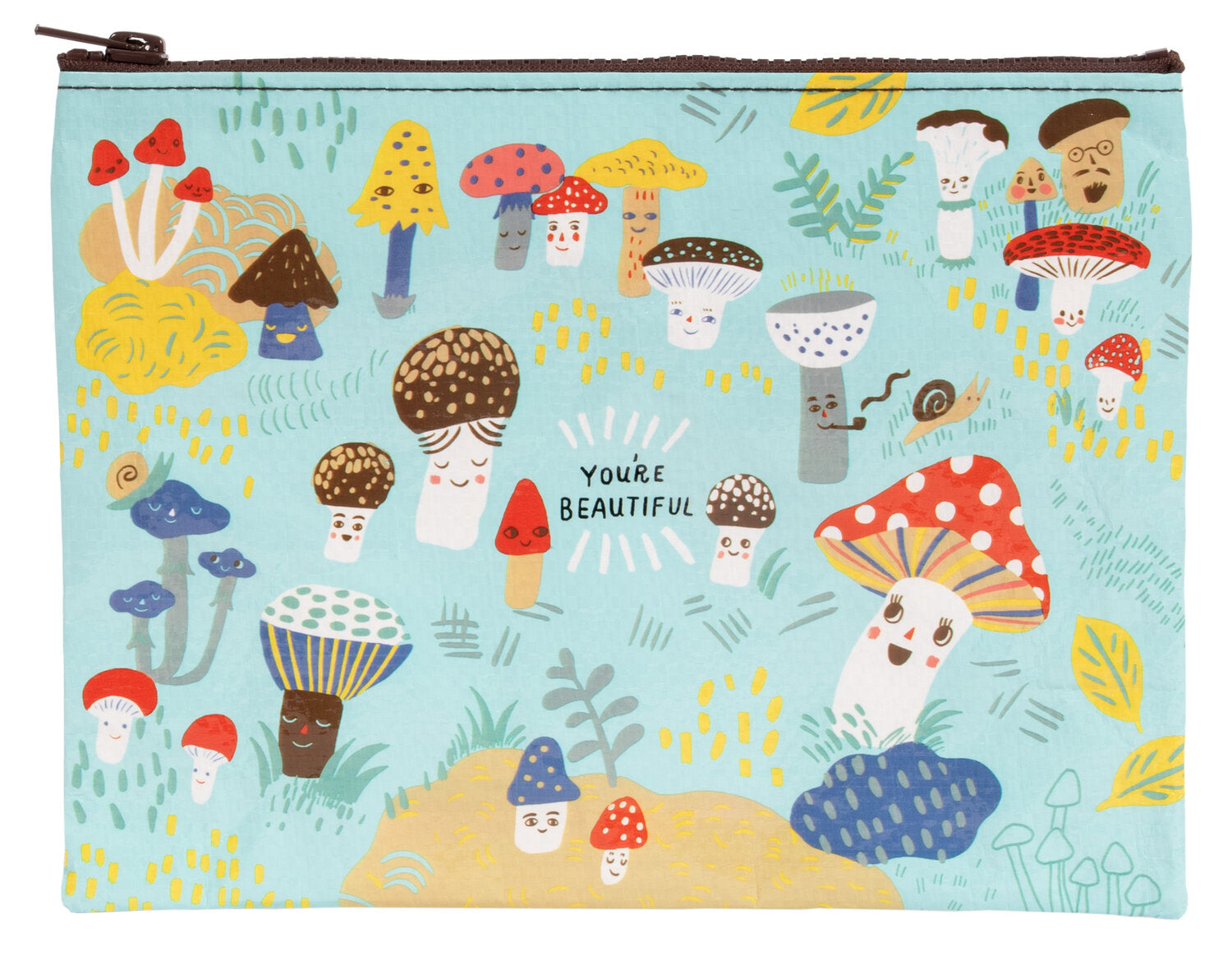 A Blue Q zipper pouch with cute little cartoon mushrooms on the front. The text reads: 'You're beautiful'