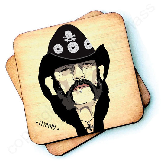Image shows a wooden drinks coaster with a cartoon graphic of Lemmy on the front 