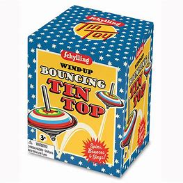 Blue box with white polka dots all over with a graphic of a bouncing tin top on the front. The text reads: schylling wind-up bouncing tin top