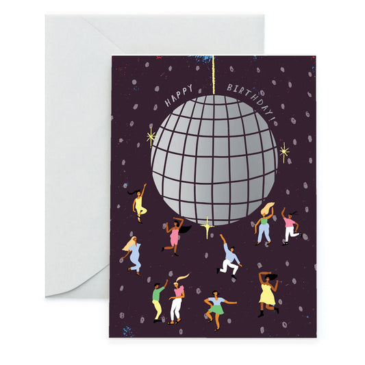 A black card with a big metalic silver disco ball in the centre. Around that are lots of little people dancing. The text on the card reads: Happy Birthday 