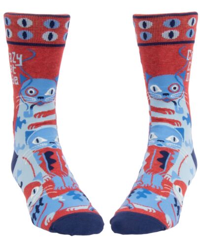 Blue Q socks with blue cats all over and blue cat eyes around the top. The cat on the front is smoking a pipe