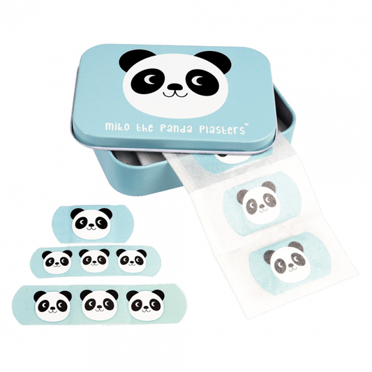 An open tin with panda plasters coming out of it. On The front of the tin there is a picture of a panda and infront of it there are 3 different sized panda plasters
