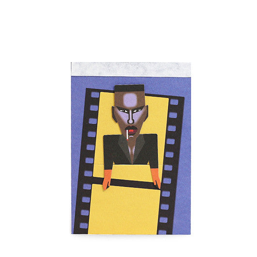 Image shows paper sketch pad with graphic of the icon Grace Jones and removable paper bookmark tucked into a slit on the front cover