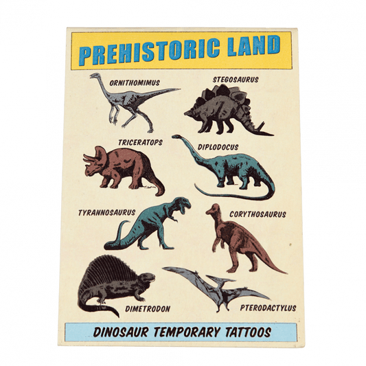 A yellow cardboard packet with dinosaurs on the front. The text reads: Prehistoric land temporary tattoos