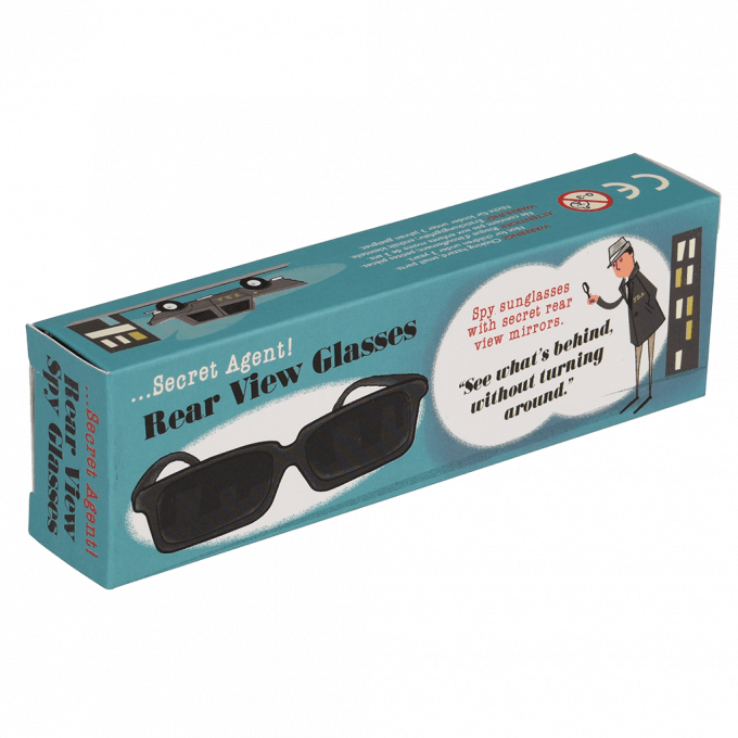 Blue gift box containing spy glasses with a picture of a detective on it. The box reads: Secret agent! rear view spy glasses. Spy sunglasses with secret mirrors. See what's behind without turning around.