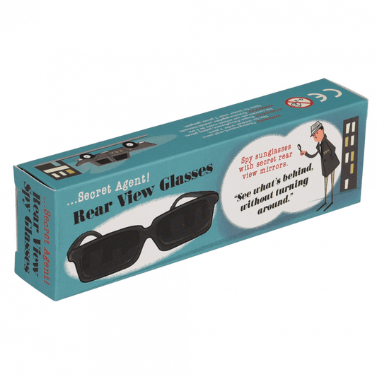Blue gift box containing spy glasses with a picture of a detective on it. The box reads: Secret agent! rear view spy glasses. Spy sunglasses with secret mirrors. See what's behind without turning around.