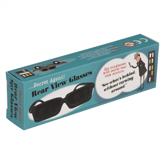 Blue gift box containing spy glasses with a picture of a detective on it. The box reads: Secret agent! rear view spy glasses. Spy sunglasses with secret mirrors. See what's behind without turning around. 